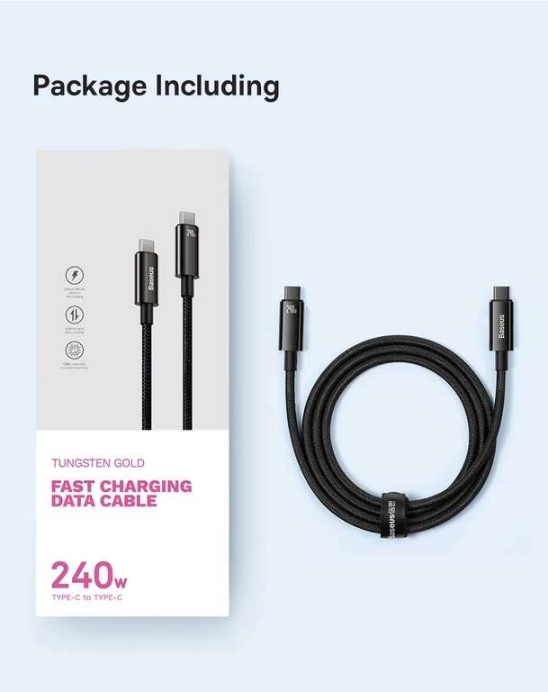 Зарядный кабель Baseus Tungsten Gold Fast Charging Data Cable, USB Type C, 1 м, 240 Вт, быстрая зарядка
