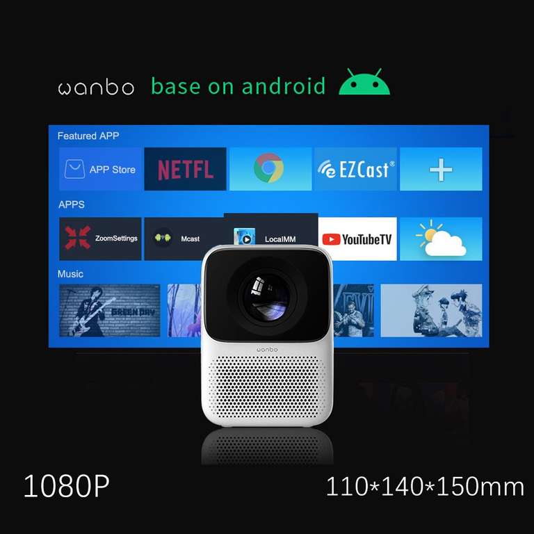 Компактный проектор Wanbo T2 Max (RU Версия, Android 9.0, 1920х1080, HDMI, USB, Wi-Fi), с Озон картой