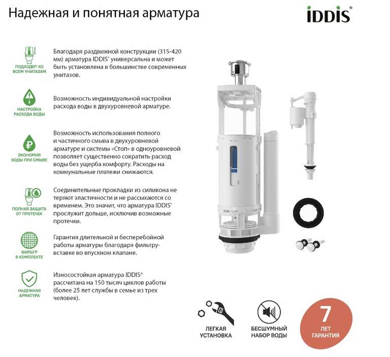 Арматура смывная IDDIS F012400-01K 2-ур, нижний подвод, тип А (возможно не всем)