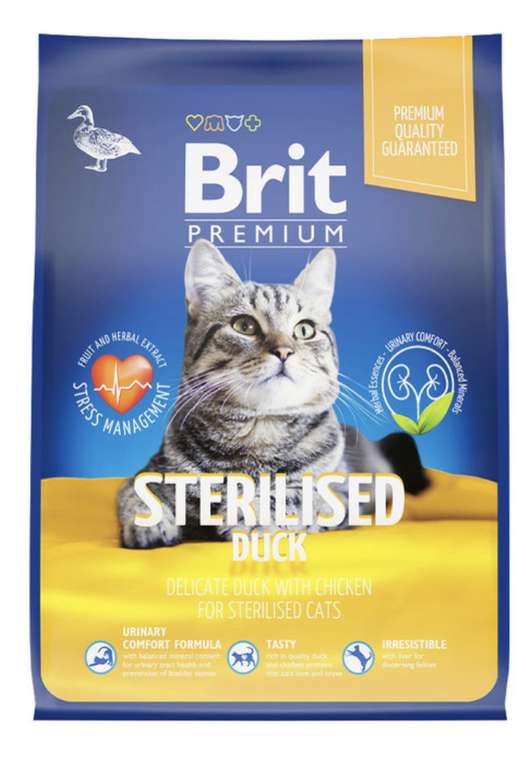 Корм сухой Brit Premium для взрослых стерилизованных кошек, с уткой и курицей, 2 кг