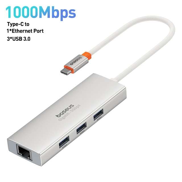 USB-хаб Baseus PortalJoy USB-C/USB-A + 3 порта USB-A + Ethernet (корпус алюминий и тканевая оплетка кабеля)