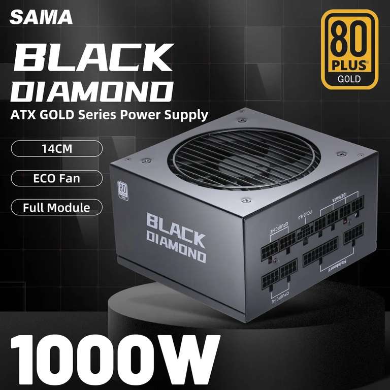 Блок питания SAMA Black Diamond 1000W (1000W, 80plus GOLD) (цена с ozon картой)