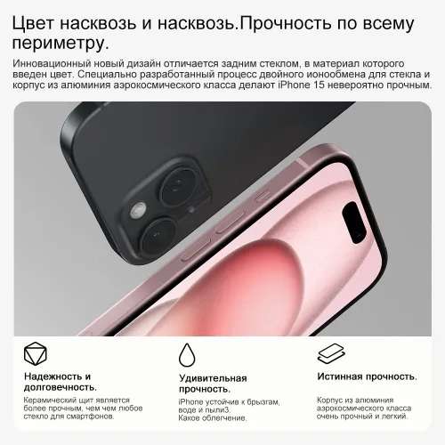 Смартфон Apple iPhone 15 поддержка русского языка, Nano+Nano, зарядное устройство 20W 128 ГБ, черный матовый (с Озон картой, из-за рубежа)