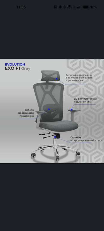 Кресло офисное компьютерное эргономичное EVOLUTION EXO F1 Grey (при оплате картой OZON)