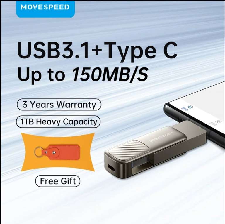 Флеш-накопитель MOVESPEED, USB 3.1, OTG, 128 ГБ