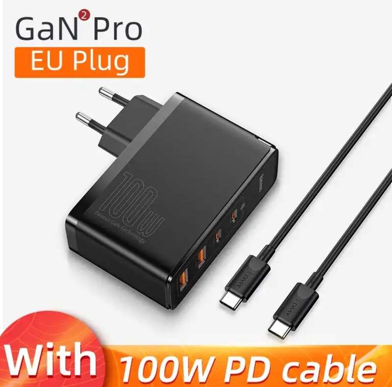 Зарядное устройство Baseus GaN 100w, USB-A-x2, Type-C-x2 + в комплекте кабель 100w