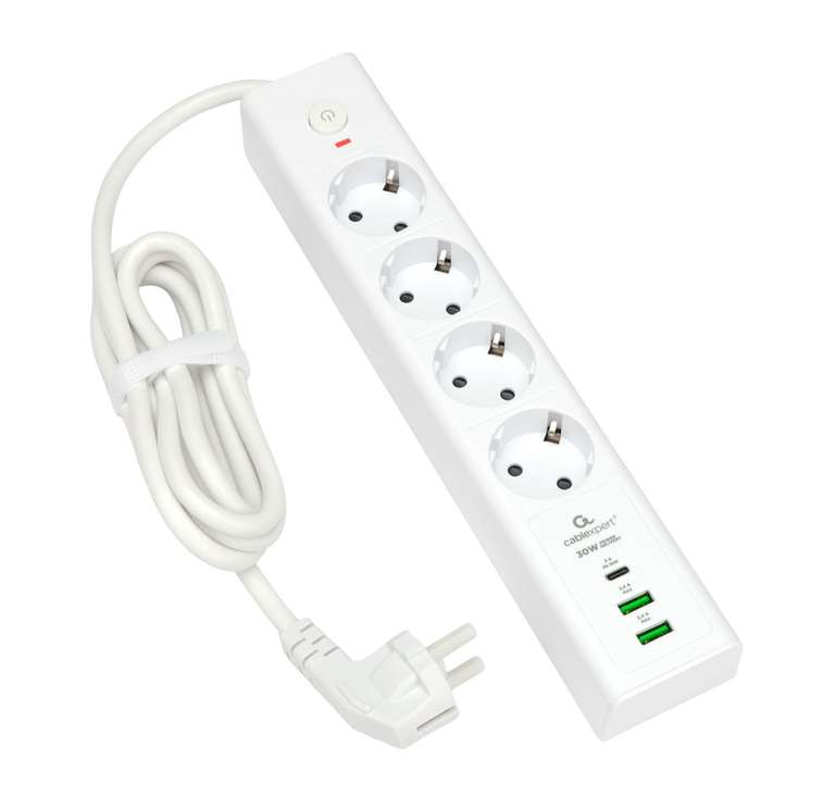 Сетевой фильтр Cablexpert Exnovo EXN-4-CU2-W-2 (4р, 16А, 1xType-C PD 30 Вт, 2хUSB, 2м, защита 4+) с картой Ozon