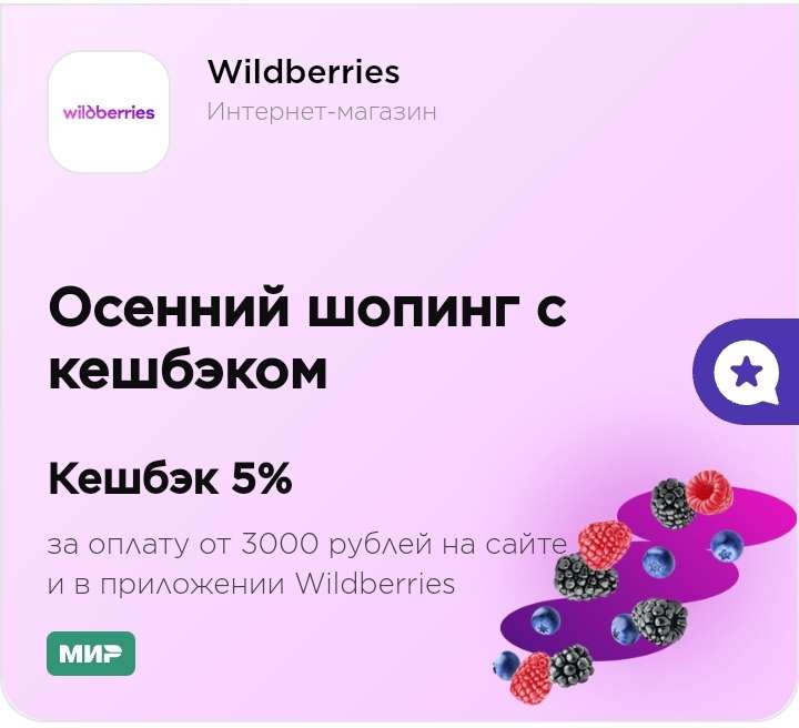 Возврат 5% за оплату от 3000₽ на сайте и в приложении Wildberries