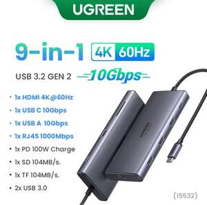 USB-хаб Ugreen, 9 в 1, HDMI, RJ-45, USB-C