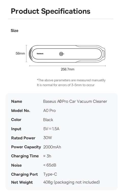 Беспроводной автомобильный мини-пылесос Baseus A0 Pro Vacuum cleaner, 4000 Па