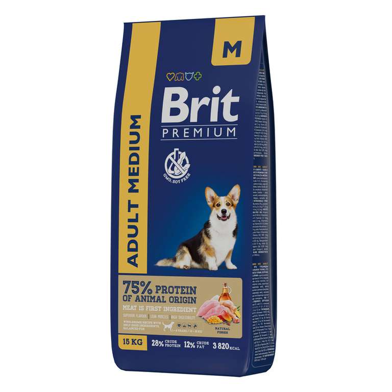 Корм сухой Brit Premium для взрослых собак средних пород, с курицей, 15 кг