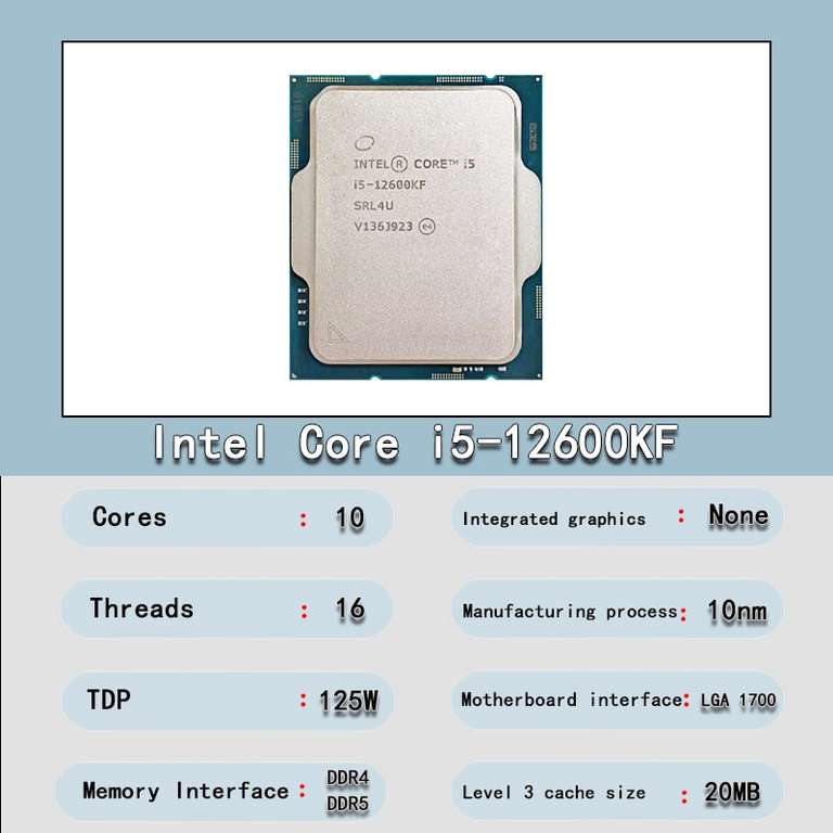 Процессор Intel Core i5-12600KF (10 ядер, 16 потоков, 4900 МГц, NEW)