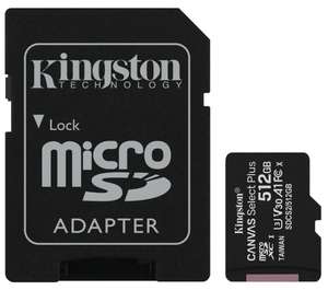Карта памяти Kingston Canvas Select Plus microSDXC 512 ГБ Class 10, V30, A1, UHS-I U3, R 100 МБ/с, адаптер на SD, 1 шт.