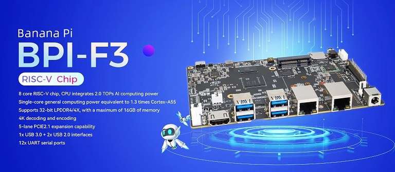 Одноплатный компьютер Banana Pi BPI-F3 (SpacemiT K1 на основе RISC-V, 2 Гб ОЗУ, 8 Гб ПЗУ)