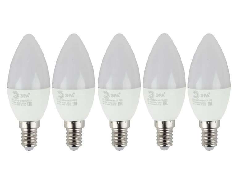 Упаковка ламп LED Эра E14, свеча, 6Вт, 2700К, белый теплый, ECO LED B35-6W-827-E14, 5 шт