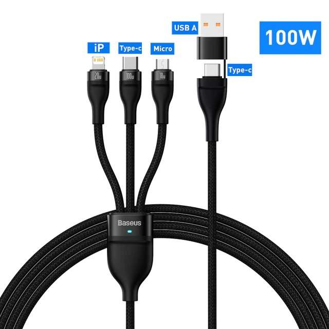 Зарядный кабель Baseus 3 в 1 с Micro-USB Type-C, Lightning, 100 Вт