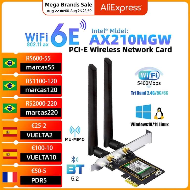Cетевая карта Pcie Intel AX210NGW (WiFi6E) + Bluetooth 5.2