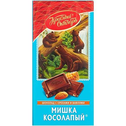 Шоколад Красный Октябрь "Мишка косолапый" темный с миндалем и вафельной крошкой, 75 г, 2 шт.