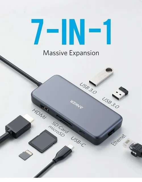 Концентратор USB-C Anker 341 (7 in 1) 4K HDMI, PD, 2 USB-A 3.0, Ethernet, SD/mSD card (из-за рубежа)