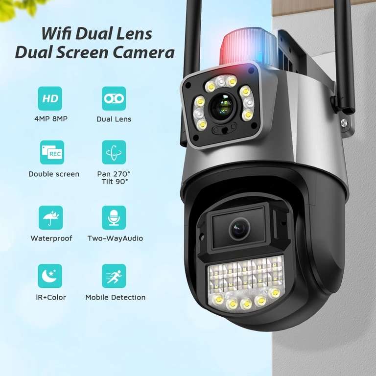 Камера видеонаблюдения Abuntu 8 Мп, 4K, Wi-Fi, двойной объектив, приложение ICSee