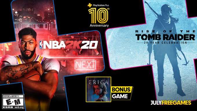 PlayStation Plus - бесплатные игры июля по подписке: NBA 2K20, Rise of the Tomb Raider: 20 Year Celebration и Erica
