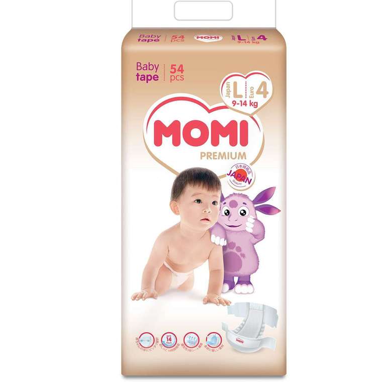 Подгузники Momi Premium, размер L, 9-14 кг, 54 шт