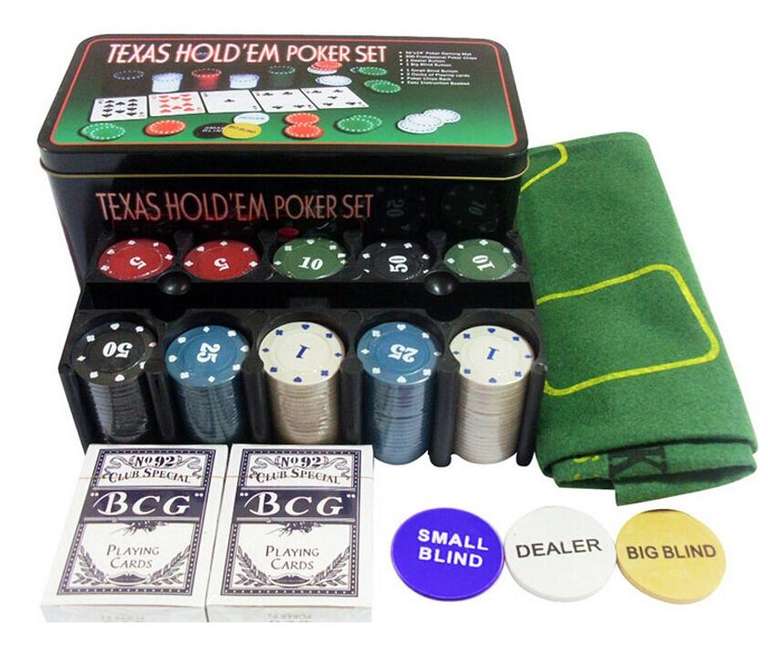 Набор для покера Holdem Light на 200 фишек с номиналом в жестяной коробке