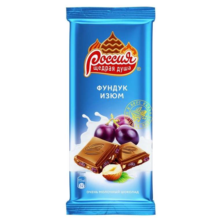 Шоколад Россия с фундуком и изюмом, 90г