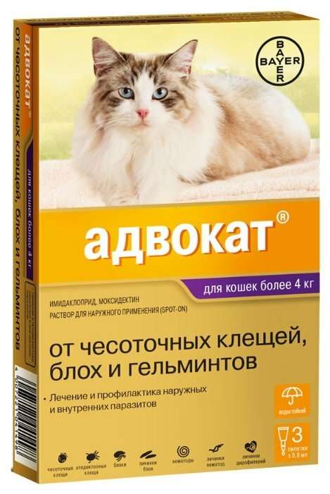 Снова активно. Капли Адвокат (Bayer) от чесоточных клещей, блох и гельминтов для кошек более 4 кг (3 пипетки)