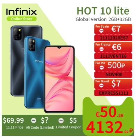 Мобильный телефон Infinix Hot 10 Lite 2+32 ГБ 5000 мА/ч глобальная версия