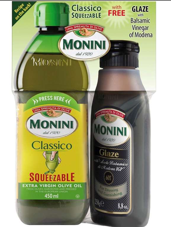 Набор масло оливковое Monini 450 мл. + бальзамический соус глазурь Monini 250 мл.