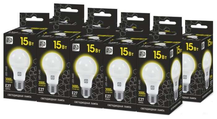Упаковка светодиодных ламп 10 шт ASD LED-A60-black 3000К, E27, A60, 15Вт