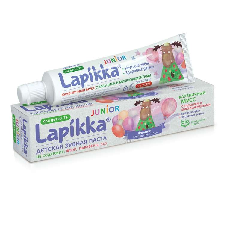 Детская зубная паста Lapikka Junior Клубничный мусс с кальцием и микроэлементами 74 г, 7+