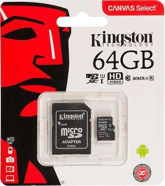 Карта памяти Kingston Canvas Select microSDXC UHS-I 64GB Class 10 с адаптером