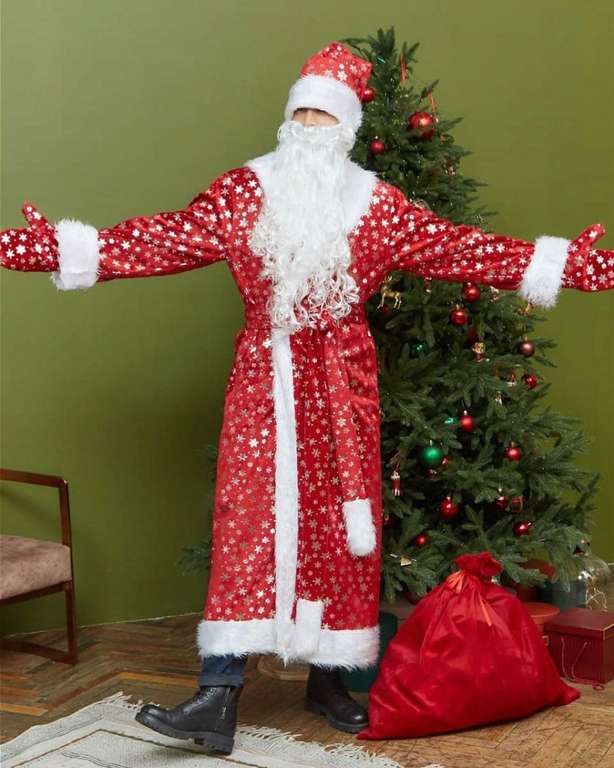 Костюм Деда Мороза (халат,борода,шапка,мешок,варежки), Новый год - Рождество 2021, New Age
