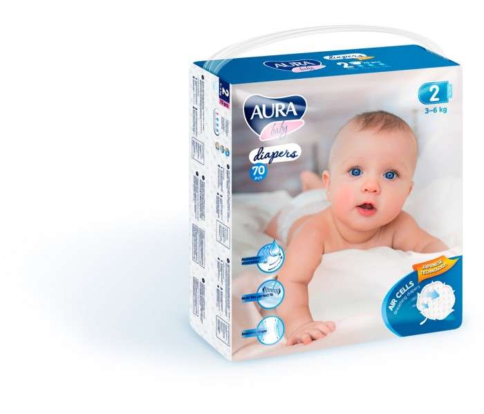Aura Baby Подгузники mega-pack р.2 S (3-6 кг) 70 шт.
