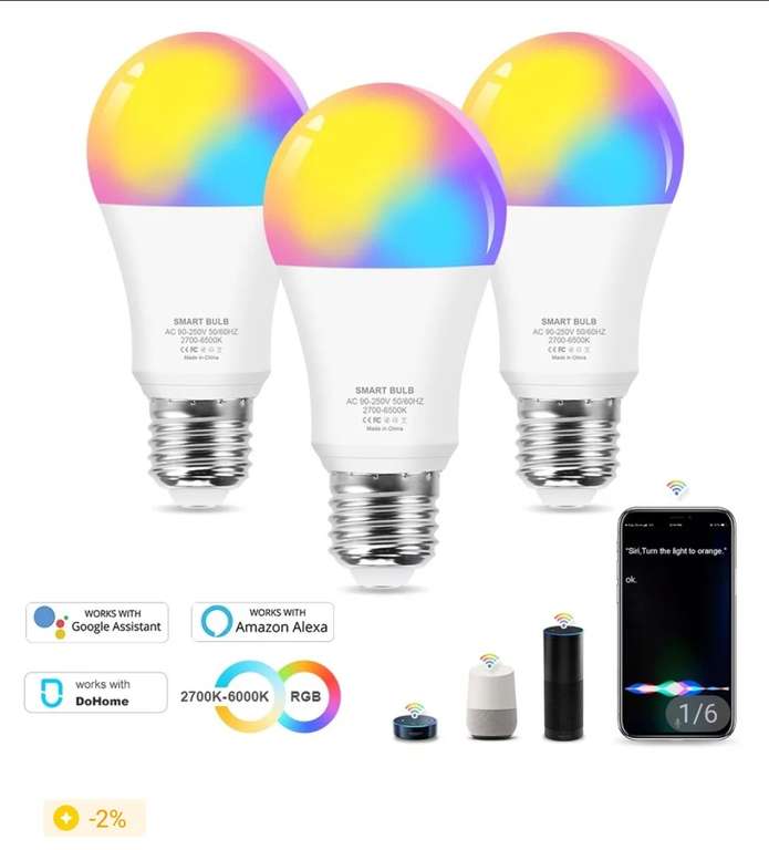 Светодиодная умная лампа 12 Вт E27 RGBW Google home, Amazon, DoHome