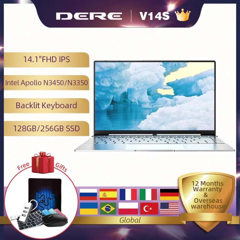 Ноутбук Dere V14S 14.1" FHD IPS, Intel Apollo lake N3450, ОЗУ 8 Гб, SSD 256 Гб, ОС Windows 10