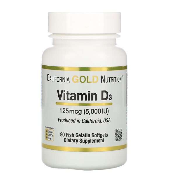 Витамин D3, 125 мкг (5000 МЕ) California Gold Nutrition, 90 капсул (пробник)