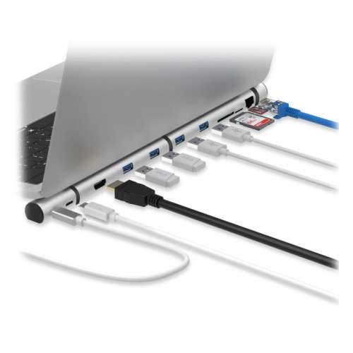 Разветвитель USB Rombica Type-C Dock, USB 3.0 x 4, Type-C PD, HDMI, LAN, картридер, алюминий, серебристый