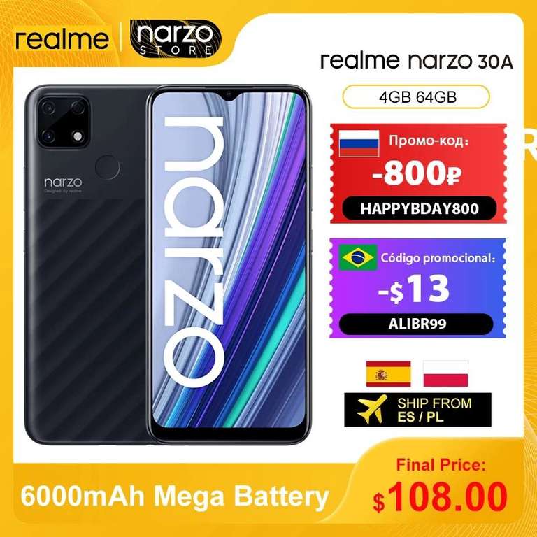 Смартфон Realme Narzo 30A, 4 ГБ 64 ГБ, Helio G85, 6,5 дюйма, 13 МП, 6000 мАч