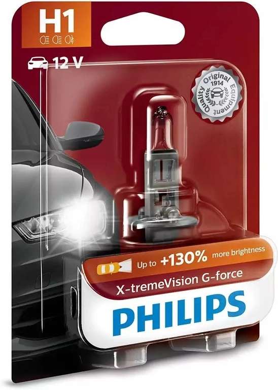 Лампа автомобильная Philips 12258XVGB1, H1 12V- 55W, P14,5s, +130% света+вибростойкая X-tremeVision G-force блистер, 1шт
