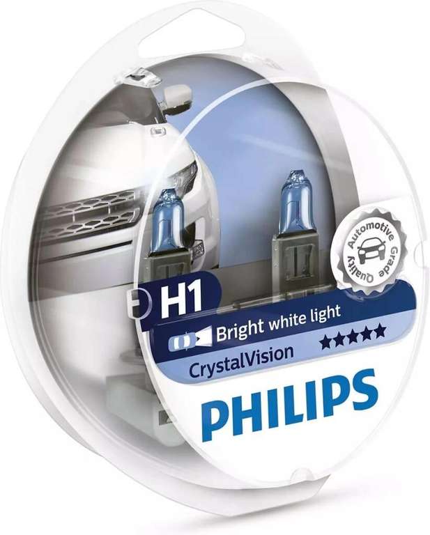 Лампа автомобильная галогенная Philips "CrystalVision", для фар, цоколь H1 (P14,5s), 12V, 55W, 2 шт + цоколь W5W, 12V, 5W, 2 шт