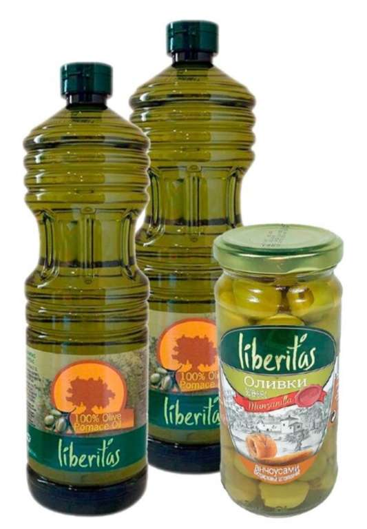 Масло оливковое Liberitas Pomace 1л Х 2 бутылки + Оливки Liberitas с анчоусом 240 гр