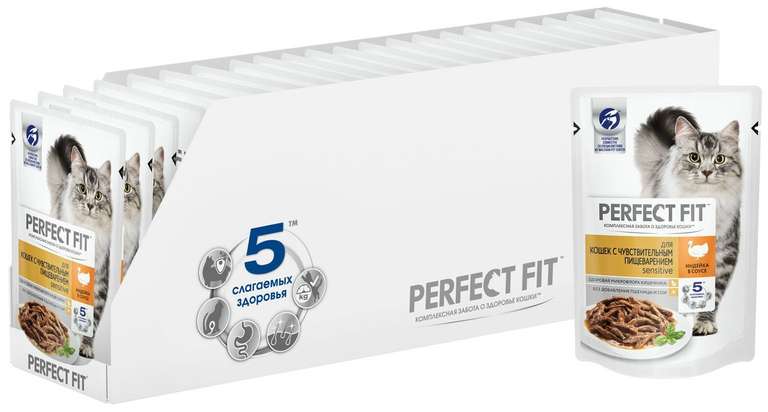 Влажный корм для кошек Perfect Fit при чувствительном пищеварении, с индейкой 24 шт. х 3 упаковки (372₽ за 1 упаковку)