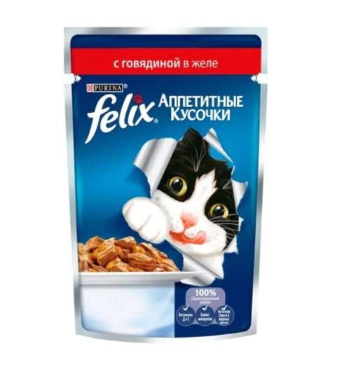 Влажный корм для кошек Felix Аппетитные кусочки с говядиной, 48 шт по 85г. на Tmall