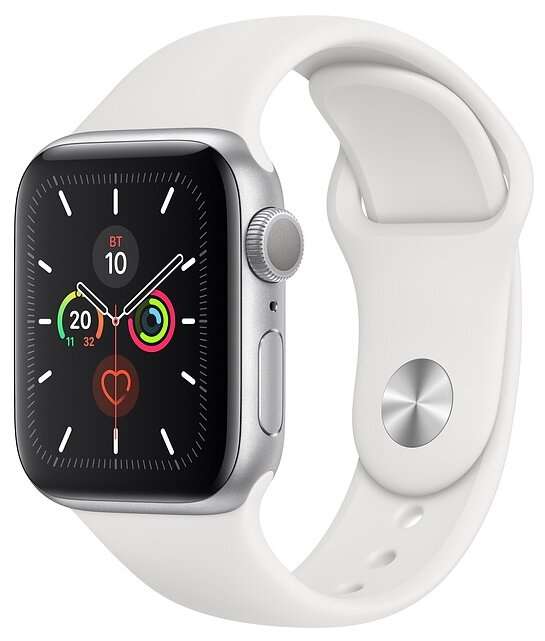 Умные часы Apple Watch Series 5 GPS 44мм Aluminum Case with Sport Band, серебристый/белый