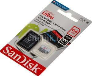 Карта памяти microSDXC UHS-I SANDISK Ultra Light 64 ГБ, 100 МБ/с, Class 10, SDSQUNR-064G-GN3MA