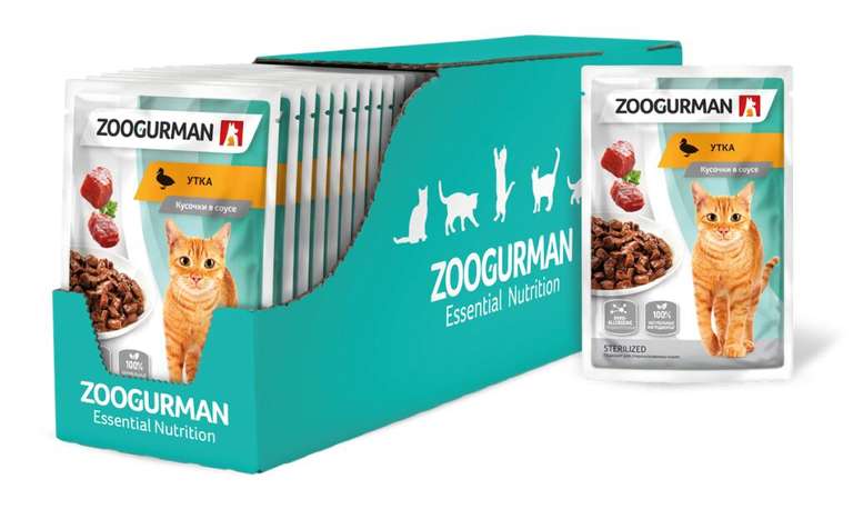 Влажный корм для стерилизованных кошек Зоогурман с уткой, гипоаллергенный 30 шт. х 85 г (кусочки в соусе) в приложении