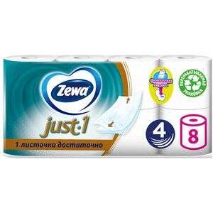 4 упаковки туалетной бумаги Zewa Just1 белая четырёхслойная 8 рул. (цена за 1 уп. - 175₽)
